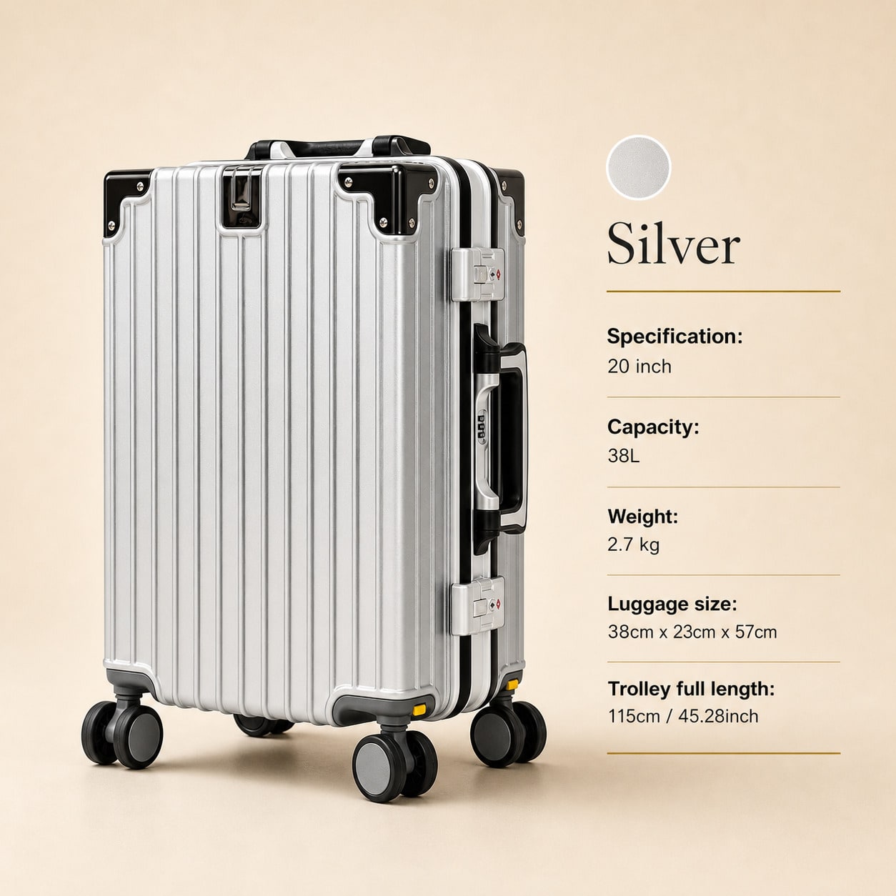 Aluminum Frame Carry On Luggage - กระเป๋าเดินทางขนาด 20 นิ้ว ที่ได้รับการอนุมัติจากสายการบิน, กระเป๋าเดินทางแบบแข็ง PC,